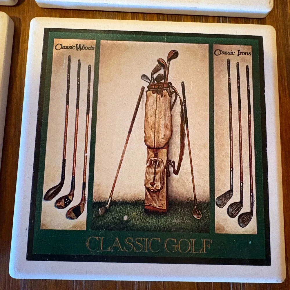 Vintage ceramic coasters depicting classic golf clubs.